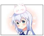  :t angora_rabbit animal animal_on_head blue_bow blue_eyes blush bow bowtie bunny bunny_on_head deyui gochuumon_wa_usagi_desu_ka? hair_ornament highres kafuu_chino long_hair looking_at_viewer on_head portrait pout rabbit_house_uniform shiny shiny_hair shirt silver_hair solo tippy_(gochiusa) white_shirt x_hair_ornament 