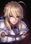  ahoge alternate_eye_color artoria_pendragon_(all) bangs blonde_hair blue_eyes blue_ribbon braid breastplate brown_background closed_mouth eyebrows_visible_through_hair face fate/grand_order fate/stay_night fate_(series) french_braid fur-trimmed_cloak hair_between_eyes hair_ribbon lips looking_at_viewer re_(re_09) ribbon saber short_hair sidelocks solo upper_body white_cloak 