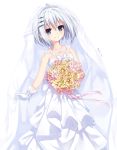  absurdres artist_name bare_shoulders blue_eyes blush bouquet breasts bridal_veil collarbone commentary_request date_a_live diadem dress flower gloves hair_between_eyes hair_ornament hairclip highres holding holding_bouquet looking_at_viewer neps-l short_hair silver_hair simple_background small_breasts smile solo tobiichi_origami veil wedding_dress white_background white_dress white_gloves 