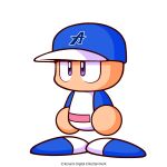  1boy artist_request baseball_cap baseball_uniform belt blue_hat blue_shirt blue_shoes copyright_notice hat highres jikkyou_powerful_pro_yakyuu jikkyou_powerful_pro_yakyuu_(style) multicolored_hat multicolored_shirt multicolored_shoes no_mouth official_art pink_belt power_pro_kun purple_eyes rayman_limbs shirt shoes solo sportswear two-tone_shirt two-tone_shoes white_hat white_shirt white_shoes 