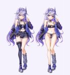  1girl ass_visible_through_thighs asymmetrical_legwear bare_legs bare_shoulders belt black_belt black_bra black_choker black_panties black_skirt black_thighhighs bra breasts chest_jewel choker collarbone commentary english_commentary fii_fii_(feefeeowo) frilled_bra frilled_choker frilled_panties frills full_body gem gradient_hair grey_background grey_hair grey_leg_warmers highres hololive hololive_english jacket koseki_bijou koseki_bijou_(casual) leg_warmers long_hair long_sleeves looking_at_viewer midriff mismatched_legwear multicolored_hair multiple_views navel off_shoulder official_alternate_costume panties purple_eyes purple_gemstone purple_hair quilted_jacket shoes simple_background single_leg_warmer single_thighhigh skirt small_breasts smile sneakers thigh_gap thighhighs underwear v very_long_hair virtual_youtuber zipper_skirt 