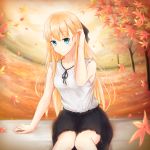  adjusting_hair autumn autumn_leaves black_ribbon black_skirt blonde_hair collarbone day eyebrows_visible_through_hair gamers! green_eyes hair_between_eyes hair_ribbon highres long_hair neck_ribbon outdoors ribbon shirt sitting skirt sleeveless sleeveless_shirt smile solo tendou_karen tree very_long_hair white_shirt yj_(yujay2837) 