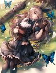  bangs black_legwear blonde_hair blue_butterfly breasts brown_gloves bug butterfly closed_mouth commentary_request gloves highres holding inaba_sunimi insect long_hair looking_at_viewer original solo 