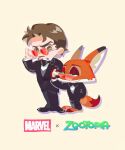  2boys 4istfuerimmer animal_ear_fluff animal_ears animal_nose arm_behind_back avengers_(series) black_bow black_bowtie black_jacket black_pants black_shoes bow bowtie brown_eyes brown_hair chibi chibi_only claws closed_mouth collared_shirt commentary_request copyright_name crossover facial_hair formal_clothes fox_boy fox_ears fox_tail full_body furry furry_male green_eyes grey-framed_eyewear grey_vest half-closed_eyes hand_up highres jacket long_sleeves looking_at_another male_focus marvel multiple_boys nick_wilde orange_fur pants red-tinted_eyewear shadow shirt shoes short_hair simple_background smile standing suit suit_jacket sunglasses tail tinted_eyewear tony_stark v-shaped_eyebrows vest white_shirt yellow_background zootopia 