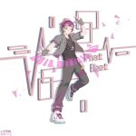  1boy 2025 ;) absurdres arm_up black_shirt bright_pupils chain character_name charm_(object) chinese_commentary chinese_text chromatic_aberration closed_mouth collared_jacket commentary_request curtained_hair dated drop_shadow facial_mark fenghongshenqiushi fingerless_gloves full_body gloves green_eyes grey_gloves grey_jacket grey_pants hair_bun headphones highres index_finger_raised jacket jewelry male_focus musical_note musical_note_necklace necklace one_eye_closed open_clothes open_jacket outstretched_hand pants personification phat_beet_(plants_vs._zombies) pink_hair plants_vs._zombies plants_vs._zombies_2 pointing pointing_up procreate_(medium) shirt shoelaces shoes short-sleeved_jacket short_hair short_sleeves simple_background single_hair_bun smile sneakers solo standing standing_on_one_leg translation_request triangle very_short_hair white_background white_pupils white_shoes 