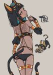  1girl ancient_egyptian ancient_egyptian_clothes animal_ears ankh aqua_hair aqua_nails back_tattoo black_hair brown_egyptian_cat-eared_loli_(trend) cat_ears cat_girl cat_tail chiwa_(fcwv5738) closed_mouth colored_inner_hair commentary_request dark-skinned_female dark_skin detached_sleeves facial_mark from_behind gold gold_thighlet grey_background half-closed_eyes highres jewelry looking_back medium_hair multicolored_hair orange_eyes original simple_background solo tail tattoo thigh_gap thighlet whisker_markings 