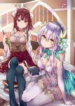  2girls alt atelier_(series) atelier_lydie_&amp;_suelle bare_shoulders bed black_legwear blush book breasts brown_hair closed_mouth collarbone elbow_gloves eyebrows_visible_through_hair frills gloves green_eyes hair_between_eyes hairband head_scarf head_tilt highres holding holding_book indoors lavender_hair long_hair looking_at_viewer medium_breasts multiple_girls on_bed open_book plachta red_skirt sitting skirt smile sophie_neuenmuller thighhighs very_long_hair white_gloves white_legwear 