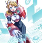  alia_(rockman) android armor bangs blonde_hair blue_eyes bodysuit breasts commentary_request framed_breasts gloves headgear headset holographic_interface holographic_keyboard leaning_forward long_hair medium_breasts open_mouth robot_ears rockman rockman_x solo swept_bangs teeth white_background white_gloves yukinbo78 
