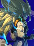  1boy absurdres black_vest blonde_hair blue_background blue_sash clenched_hand closed_mouth commentary_request cowboy_shot cropped_vest dragon_ball dragon_ball_z electricity from_side glowing glowing_eye gogeta green_eyes highres horang4628 korean_commentary long_hair looking_at_viewer male_focus metamoran_vest muscular muscular_male no_eyebrows no_shirt pants profile sash simple_background solo spiked_hair super_saiyan super_saiyan_3 vest white_pants 