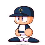 1boy artist_request baseball_cap baseball_uniform belt black_belt black_hat black_shirt hat highres jikkyou_powerful_pro_yakyuu jikkyou_powerful_pro_yakyuu_(style) multicolored_shirt multicolored_shoes no_mouth official_art power_pro_kun purple_eyes rayman_limbs shirt solo sportswear two-tone_shirt two-tone_shoes white_shirt 
