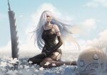  1girl a2_(nier:automata) armlet bare_shoulders black_armlet black_gloves black_panties black_tank_top black_thighhighs blank_eyes blue_eyes blue_sky breasts brown_thighhighs clenched_hand cloud collarbone commentary elbow_gloves emil_(nier) english_commentary falling_petals field floating_hair flower flower_field garter_straps gloves hair_between_eyes hair_over_one_eye hand_on_own_thigh highres huge_weapon jewelry legs lipgloss lips long_hair looking_to_the_side lunar_tear mask medium_breasts midriff midriff_peek mismatched_thighhighs mole mole_under_mouth nier:automata nier_(series) panties parted_lips petals pink_lips planted planted_sword sitting sky solo sword tank_top teeth thighhighs thighs two-tone_thighhighs underwear unworn_mask very_long_hair weapon white_flower white_hair white_mask white_petals zankuoart zettai_ryouiki 