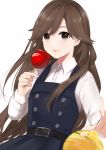  arashio_(kantai_collection) balloon bangs belt black_dress blurry brown_eyes brown_hair buttons candy_apple closed_mouth collared_shirt commentary depth_of_field double-breasted dress floating_hair focused food hand_up highres holding kantai_collection lips long_hair long_sleeves looking_at_viewer morinaga_miki outstretched_arm pinafore_dress remodel_(kantai_collection) school_uniform shirt simple_background smile solo swept_bangs upper_body white_background white_shirt 