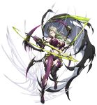  1girl absurdres armor armored_boots arthropod_limbs black_armor black_boots black_cape bodysuit boots breasts cape cleavage clothing_cutout come_hither dripping dual_wielding dynamic_pose earrings facial_mark fingernails floating_cape floating_clothes floating_hair forehead_mark full_body game_cg greaves green_hair grey_cape hair_between_eyes hair_ornament highres holding holding_sword holding_weapon huge_breasts impossible_bodysuit impossible_clothes jewelry knee_guards langrisser langrisser_mobile leg_armor leg_up liquid long_fingernails long_hair looking_at_viewer low-tied_long_hair multiple_weapons navel o-ring official_alternate_costume official_art parted_hair parted_lips poison ponytail purple_bodysuit red_eyes revealing_clothes reverse_grip ring second-party_source seductive_smile seraphina_(langrisser) sharp_toenails silk simple_background skin_tight smile smirk solo spider_web standing standing_on_one_leg stomach sword tachi-e toenails torn_bodysuit torn_cape torn_clothes transparent_background two-tone_cape vambraces venom_sword weapon 