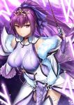  bangs bare_shoulders breasts cleavage commentary cowboy_shot dress elbow_gloves eyebrows_visible_through_hair fate/grand_order fate_(series) fur_trim gloves hair_between_eyes impossible_clothes large_breasts leaning_forward long_hair looking_at_viewer okitakung parted_lips ponytail purple_dress purple_gloves purple_hair red_eyes scathach_(fate)_(all) scathach_skadi_(fate/grand_order) sleeveless sleeveless_dress solo thighhighs tiara very_long_hair 