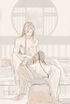  2boys abs ass back bare_shoulders bed black_hair blanket branded chinese_clothes closed_eyes closed_mouth couple fellatio hair_ribbon hand_on_another's_head hanfu hickey highres implied_fellatio indoors kneeling lan_wangji lattice long_hair male_focus modao_zushi monochrome multiple_boys muscular muscular_male off_shoulder on_bed open_clothes open_robe oral pectorals ponytail ribbon robe round_window scar scar_on_chest sidelocks sitting topless_male twitter_username very_long_hair watermark wei_wuxian window yaoi ykmr_(haga) 