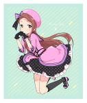  black_legwear brown_hair character_name frills gloves hat high_heels highres idolmaster idolmaster_(classic) long_hair looking_at_viewer meikai_(m_oikk) minase_iori open_mouth red_eyes ribbon skirt solo 