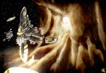  amarr_empire_(eve_online) building capital_ship_(eve_online) cloud commentary concept_art constriction english_commentary eve_online glowing highres nebula no_humans novafox original outdoors science_fiction sky space space_station star_(sky) starry_sky 