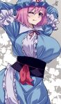  1girl absurdres arms_behind_head blue_kimono breasts frilled_kimono frills highres japanese_clothes kimono large_breasts looking_at_viewer mirufi_(milfiiiiyu) one_eye_closed pink_eyes pink_hair saigyouji_yuyuko smile solo tongue tongue_out touhou triangular_headpiece 