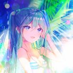  :d blue_eyes blue_hair breasts cleavage collarbone earrings eyebrows_visible_through_hair hair_between_eyes hand_in_hair hatsune_miku heart heart_earrings jewelry long_hair looking_at_viewer nmi_(pixiv22137230) open_mouth shiny shiny_hair small_breasts smile solo striped_bikini_top twintails upper_body very_long_hair vocaloid 