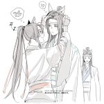  3boys animal_ear_hairband animal_ears black_hair black_hanfu blue_sash blush cat_ear_hairband cat_ears chinese_clothes chinese_text closed_eyes closed_mouth commentary_request couple dressing_another english_text fake_animal_ears grey_eyes hair_ribbon hairband hanfu headband heart holding_hairband lan_wangji long_hair long_sleeves looking_at_another male_focus modao_zushi multiple_boys musical_note pale_color ponytail red_ribbon red_sash ribbon robe sash sidelocks simple_background sleeves_past_wrists smile speech_bubble thought_bubble topknot twitter_username wei_wuxian white_background white_hanfu white_headband wide_sleeves yaoi yellow_eyes ykmr_(haga) 