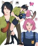  >_< 1boy 1girl :d alternate_costume animal_ears arrow_through_heart artist_name belt bent_back black_belt black_boots black_eyes black_gloves black_hair blue_dress blue_shirt bob_cut boots boruto:_naruto_next_generations brown_pants brown_shoes chibi chibi_inset commentary cosplay diagonal-striped_clothes diagonal-striped_necktie dress english_commentary eye_contact eyelashes eyes_visible_through_hair fox_boy fox_ears from_side full_moon gloves green_eyes green_shirt hair_over_one_eye hand_on_another's_shoulder hand_on_another's_waist haruno_sakura height_difference high_heel_boots high_heels highres judy_hopps judy_hopps_(cosplay) knee_boots knee_pads leaning_back light_blush lipgloss looking_at_another looking_at_viewer mandarin_collar moon multiple_views naruto_(series) necktie nick_wilde nick_wilde_(cosplay) pants parted_lips pink_hair plant_print police police_badge police_uniform policewoman purple_necktie rabbit_ears rabbit_girl rabbit_tail shirt shirt_under_dress shoes short_sleeves single_knee_pad smile straight_hair striped_clothes swept_bangs tail teeth tenartistt uchiha_sasuke upper_body utility_belt watermark white_background zootopia 