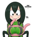  absurd_res amphibian animal_humanoid asui_tsuyu blush breasts clothed clothing dialogue english_text female frog_humanoid hi_res humanoid long_tongue my_hero_academia self_grope simple_background solo somescrub text tongue tongue_out white_background 