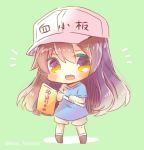  :d black_footwear blue_shirt blush brown_eyes brown_hair brown_shorts character_name chibi clothes_writing commentary_request flag flat_cap full_body green_background grey_hat hat hataraku_saibou holding holding_flag kouu_hiyoyo long_hair looking_at_viewer open_mouth platelet_(hataraku_saibou) shirt short_shorts short_sleeves shorts smile solo standing twitter_username very_long_hair 