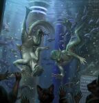 ambiguous_anthro ambiguous_feral ambiguous_gender anthro artist_logo blue_body bubble feet feral forked_tongue genitals glistening glistening_eyes group hi_res himeragoldtail logo male male_anthro marine markings mouth_closed nude open_mouth orange_eyes sharp_teeth spread_toes striped_arms striped_legs striped_markings striped_tail stripes tail tail_markings teeth text toes tongue tongue_out upside_down url