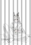  1boy ahoge animal_ears barefoot black_nails chinese_clothes closed_mouth collarbone commentary_request fox_boy fox_ears full_body greyscale hair_between_eyes hand_on_own_stomach hanfu highres kemonomimi_mode knee_up long_hair looking_at_viewer male_focus modao_zushi monochrome nail_polish pants pectoral_cleavage pectorals ponytail prison red_eyes red_sash robe sash shadow sidelocks sitting smile solo spot_color toenail_polish toenails twitter_username very_long_hair watermark wei_wuxian ykmr_(haga) 