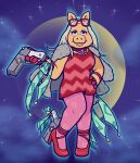  1girl animal_ears ankle_gun bayonetta_(series) bayonetta_3 blue_eyes blue_eyeshadow commentary cosplay english_commentary eyeshadow eyewear_on_head floral_print full_body furry furry_female glasses gloves grey_hair gun high_heels holding holding_gun holding_weapon jeanne_(bayonetta) jeanne_(bayonetta)_(cosplay) looking_at_viewer makeup miss_piggy muppets pig_ears pig_girl red_gloves signature solo tristepinguino weapon 