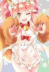  animal_ear_fluff animal_ears apron bad_id bad_pixiv_id bell bell_collar blush breasts cat_hair_ornament cat_paws cleavage collar fangs fate/grand_order fate_(series) fox_ears fox_tail gloves hair_ornament hair_ribbon heart heart-shaped_pupils highres jingle_bell large_breasts long_hair looking_at_viewer maid_headdress naked_apron one_eye_closed open_mouth paw_gloves paws pink_hair ponytail red_ribbon ribbon solo symbol-shaped_pupils tail tamamo_(fate)_(all) tamamo_cat_(fate) wagahaihapan yellow_eyes 