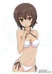  ass_visible_through_thighs bangs bikini breasts brown_eyes brown_hair circle commentary cowboy_shot criss-cross_halter dated eyebrows_visible_through_hair finger_to_mouth flipper girls_und_panzer halterneck looking_at_viewer medium_breasts navel nishizumi_maho parted_lips short_hair shushing side-tie_bikini solo standing swimsuit tan twitter_username white_background white_bikini 