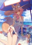  animal_ear_fluff animal_ears beach_umbrella bikini blue_bikini blush breasts chocoan cleavage collarbone day ears_through_headwear fang fate/grand_order fate_(series) fox_ears fox_tail hat in_water innertube large_breasts long_hair looking_at_viewer ocean outdoors parasol pink_hair shirt side-tie_bikini sitting solo straw_hat swimsuit tail tamamo_(fate)_(all) tamamo_no_mae_(swimsuit_lancer)_(fate) umbrella wet wet_clothes wet_shirt wet_t-shirt yellow_eyes 