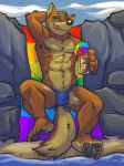  2018 abs athletic beach beverage bulge canine clothed clothing digital_media_(artwork) disney don_karnage invalid_tag k-9 looking_at_viewer male mammal muscular pawpads pride_flag rainbow red_wolf sand seaside sitting speedo swimsuit talespin teeth tongue tongue_out topless water wolf 