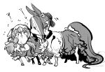  animal_ears animalization braid braided_bun commentary_request crying ear_covers ear_ribbon greyscale hair_between_eyes hair_bun highres horse_ears horse_tail long_hair looking_at_another mejiro_ramonu_(umamusume) monochrome multicolored_hair open_mouth recursive_animalization simple_background still_in_love_(umamusume) streaked_hair tail takatsuki_nato umamusume veil white_background 