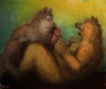  1999 anthro bd big_penis canine duo eyes_closed fur gradient_background green_background holding_penis humanoid_penis hyena licking looking_pleasured lying male male/male mammal nude oral pastel_(artwork) pencil_(artwork) penis penis_lick precum sex simple_background slightly_chubby smile teeth tongue tongue_out traditional_media_(artwork) whiskers wolf 