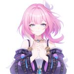  1girl absurdres bare_shoulders blue_eyes coat commentary_request cyrene_(honkai:_star_rail) cyrene_(philia093)_(honkai:_star_rail) dress highres honkai:_star_rail honkai_(series) jewelry large_hands looking_at_viewer miaotai_miota multicolored_hair necklace pink_hair purple_coat short_hair simple_background smile solo two-tone_hair upper_body white_background white_dress white_hair 