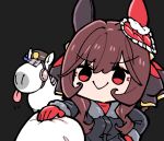  1girl animal_ears animalization black_coat blunt_bangs bow braid braided_hair_rings breasts brown_hair brown_hat closed_mouth coat commentary_request ear_bow ear_covers ear_ornament gentildonna_(umamusume) gloves gold_ship_(racehorse) gold_ship_(umamusume) grey_hair hair_between_eyes hair_ornament hair_rings hat heart-shaped_ornament heart_ear_ornament horse_ears horse_girl long_hair long_sleeves mismatched_ear_covers pillbox_hat purple_bow recursive_animalization red_eyes red_gloves red_sweater simple_background smile sweater takatsuki_nato tongue tongue_out umamusume 