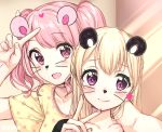  :d bang_dream! bangs blonde_hair blush collarbone drawn_ears eyebrows_visible_through_hair face_filter half_updo heart highres long_hair looking_at_viewer maruyama_aya multiple_girls nervous_smile open_mouth pink_eyes pink_hair polka_dot polka_dot_shirt purple_eyes reaching_out self_shot shirasagi_chisato shirt short_sleeves smile star twintails umeno upper_body v whiskers yellow_shirt 