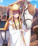 1girl animal animalization bead_necklace beads blue_eyes blue_sky blush brown_hair closed_eyes closed_mouth cloud cosplay cowboy_shot day dot_nose fingerless_gloves game_cg gloves hat horse jewelry journey_to_the_west konohana_suzuka necklace official_art outdoors petting prayer_beads red_hair reins robe rock saddle shidou_maki_(toji_no_miko) sky smile stirrups_(riding) tang_sanzang tang_sanzang_(cosplay) third-party_source toji_no_miko toji_no_miko:_kizamishi_issen_no_tomoshibi white_gloves white_horse white_robe wide_sleeves yellow_hat yulong_(journey_to_the_west) 