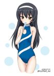  arm_behind_back bangs black_hair blue_swimsuit brown_eyes cleavage_cutout commentary cowboy_shot cropped_legs dated eyebrows_visible_through_hair flat_chest flipper food food_in_mouth girls_und_panzer hairband holding holding_food long_hair looking_at_viewer mouth_hold one-piece_swimsuit popsicle reizei_mako simple_background solo standing swimsuit thigh_gap twitter_username white_background white_hairband 