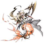  1girl absurdres aqua_eyes arm_guards armor axe battle_axe black_armor blonde_hair breasts broken broken_chain cape chain chained curtained_hair elbow_gloves facing_to_the_side faulds fins fire fish_tail flame-tipped_tail floating floating_clothes floating_hair from_side full_body game_cg gloves gold_trim grey_cape grey_gloves head_fins highres holding holding_axe holding_weapon kneeless_mermaid langrisser langrisser_mobile long_hair looking_at_viewer looking_to_the_side medium_breasts mermaid monster_girl nymph_(langrisser) official_alternate_costume official_art open_mouth pants parted_bangs pauldrons second-party_source shoulder_armor simple_background solo standing stomach strap tachi-e tail transparent_background vambraces very_long_hair waist_cape warrior weapon white_pants 