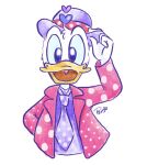  1boy blue_eyes commentary_request d1zu30 donald_duck duck_boy furry furry_male hat highres holding looking_at_viewer male_focus mickey_mouse_&amp;_friends necktie open_mouth polka_dot polka_dot_necktie shirt smile teeth upper_teeth_only 