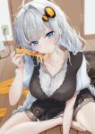  1girl absurdres ahoge arm_support barefoot black_dress blue_eyes blurry blush braid breasts button_gap cable cleavage collarbone collared_shirt commentary_request dress eating electric_plug electrical_outlet food grey_hair hair_intakes hair_ornament head_tilt highres holding holding_food holding_pizza indoors kizuna_akari large_breasts long_hair looking_at_viewer on_floor pizza pizza_slice puffy_short_sleeves puffy_sleeves shirt short_sleeves sitting sleeveless solo toes tsumura_(user_fvej5527) twin_braids very_long_hair voiceroid white_hair white_shirt wooden_floor 