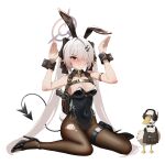  1girl absurdres animal_ears beretta_92 bird black_leotard black_shoes blue_archive breasts brown_eyes brown_pantyhose bulletproof_vest cleavage closed_mouth commentary_request dark-skinned_female dark_skin duck fake_animal_ears grey_hair gun hair_over_one_eye halo handgun headphones high_heels highres holster holstered iori_(blue_archive) korean_commentary large_breasts leotard long_hair looking_at_viewer mole mole_on_breast pantyhose playboy_bunny purple_halo rabbit_ears rabbit_pose shoes shoulder_holster simple_background smile solo sweat tail twintails weapon white_background zi0807 