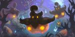  absurdres bare_tree blue_fire closed_mouth colored_sclera fangs fire floating highres jack-o'-lantern jjfsantos looking_at_viewer moss night no_humans open_mouth outdoors phantump pokemon pokemon_(creature) pokemon_focus pumpkin sky tombstone tree yellow_eyes yellow_sclera 