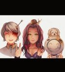  1girl 2boys animal_on_head arrow_(projectile) arrow_in_body arrow_in_head black_bra black_nails blood blood_on_face bra breasts brown_hair buttons cleavage closed_eyes collarbone collared_shirt commentary crack dog english_commentary eric_(kyokugen_dasshutsu) fingernails gab_(kyokugen_dasshutsu) green_eyes helmet highres injury kyokugen_dasshutsu letterboxed long_hair major_injury_underreaction mira_(kyokugen_dasshutsu) multiple_boys nail_polish no_sclera object_through_head on_head open_mouth q_(kyokugen_dasshutsu) rust shirt short_hair simple_background smile snail snail_on_head solarwreathe tongue tongue_out underwear v white_background zero_escape:_toki_no_dilemma 