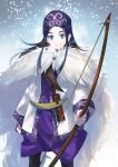  ainu_clothes asirpa black_hair black_pants blue_eyes bow_(weapon) cape dress earrings floating_hair golden_kamuy hat highres holding holding_bow_(weapon) holding_weapon jewelry kayanogura long_hair looking_at_viewer pants purple_dress short_dress smile snowing solo standing weapon white_cape 