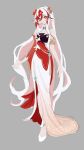  1girl alternate_costume breasts chinese_commentary commentary_request dress fu_hua fu_hua_(fenghuang_of_vicissitude) grey_background high_heels highres honkai_(series) honkai_impact_3rd lin_yu_jin long_hair multicolored_hair red_eyes red_hair simple_background small_breasts solo two-tone_hair very_long_hair white_dress white_hair 