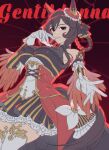  1girl animal_ears bare_shoulders black_dress braid braided_hair_rings breasts brown_hair commentary_request corset detached_sleeves dress ear_covers ear_ornament gentildonna_(regina_dei_fiori)_(umamusume) gentildonna_(umamusume) gloves gold_embroidery hair_between_eyes hair_ornament hair_rings heart-shaped_ornament heart_ear_ornament highres horse_ears horse_girl horse_tail large_breasts long_hair looking_at_viewer murangee parted_lips red_corset red_eyes see-through_cleavage see-through_clothes smile solo tail thighhighs umamusume white_gloves white_thighhighs 